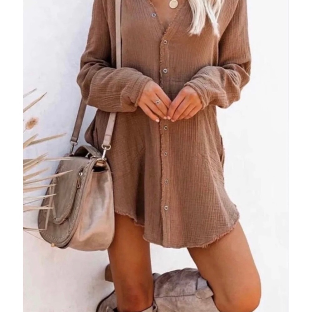 Casual Button-Front Brown Shirt Dress